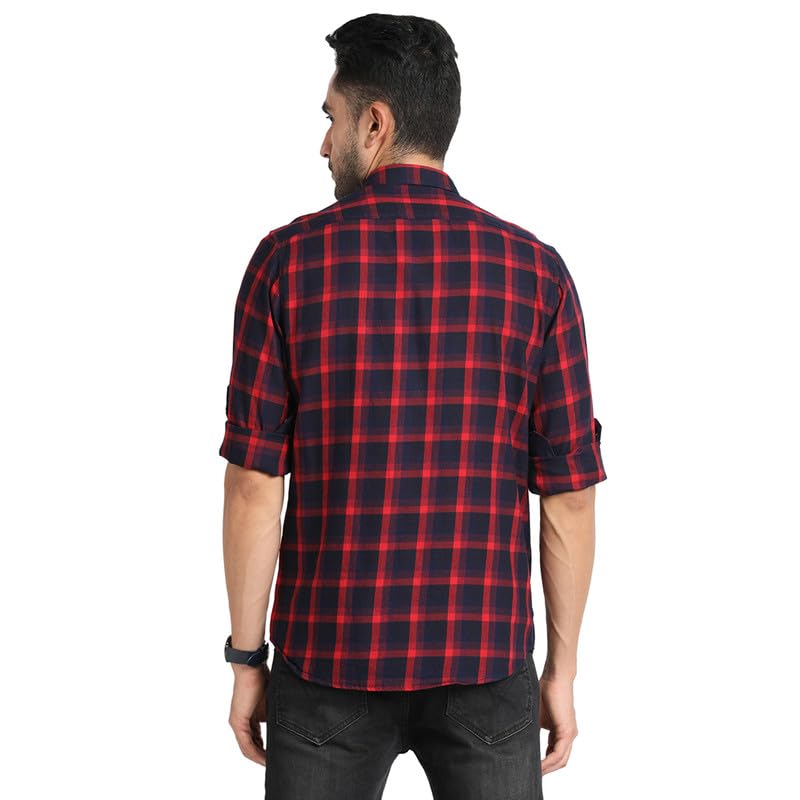 Image of Turtle Men 100% Cotton Indigo Navy Blue Checkered Slim Fit Full Sleeve Casual Shirt