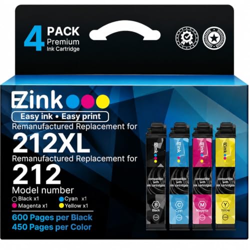 Image of E-Z Ink Remanufactured Ink Cartridge Replacement for Epson 212XL Ink Cartridges Combo Pack for 212 Ink Cartridges for XP-4100 XP-4105 WF-2830 WF-2850 Printer (4 Packs, Black Cyan Magenta Yellow)