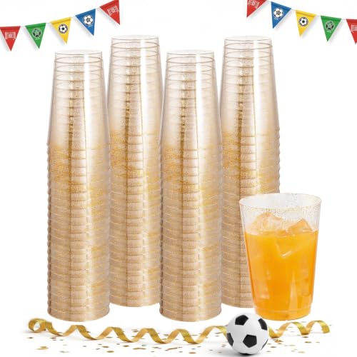 I00000 100 Pack 12 oz Gold Glitter Cups Clear Disposable Cups Gold Plastic Wine Glasses Cocktail Glasses Heavy Duty Cups 12 Ounce Glitter Plastic Tumblers for Party