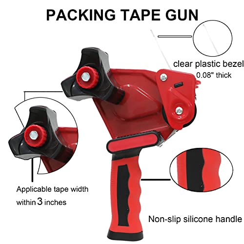 WELSTIK Red Non-Slip Silicone Handle Packing Tape Gun Dispenser 3 Inch -Heavy Duty Sealing Cutter for Shipping, Carton and Box Sealing, Easy Operation(Tape not Included)