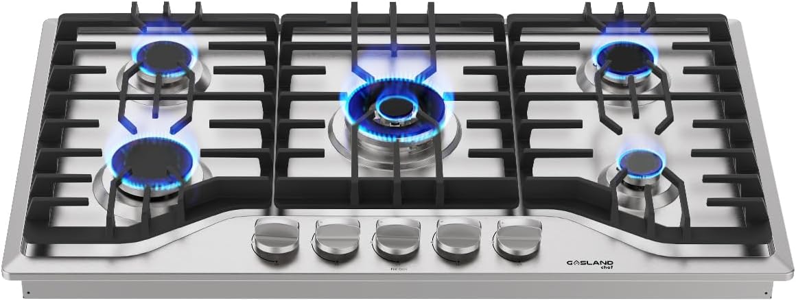 36 Inch Gas Cooktop, GASLAND Chef Built-in Gas Stovetop, 3.9 ft Cord Plug, 5 Italy Sabaf Burner, 41,300 BTU NG/LPG Convertible, Auto Electric Ignition, Thermocouple Protection