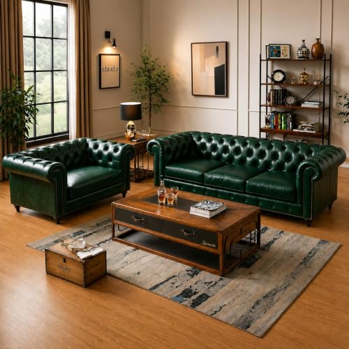 Image of Modern Classic Design Leatherette Luxury Chester Sofa Set with Button Tufted,3+1=4 Seater Sofa for Living Room Home, Office and Lobby (Green, 3+1=4 Seater Sofa)