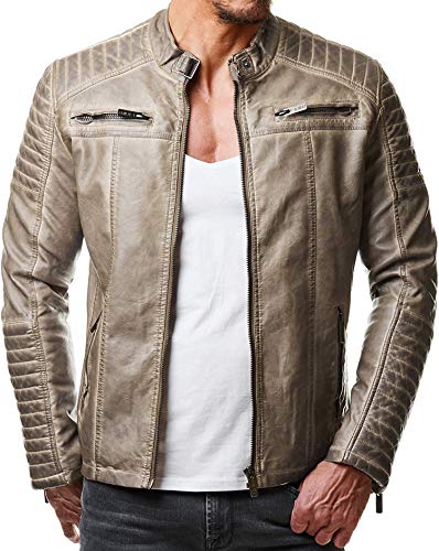 Redbridge Herren Jacke Übergangsjacke Biker Kunstleder Echtleder Baumwolle mit gesteppten Bereichen (XXL, Beige - Kunstleder)