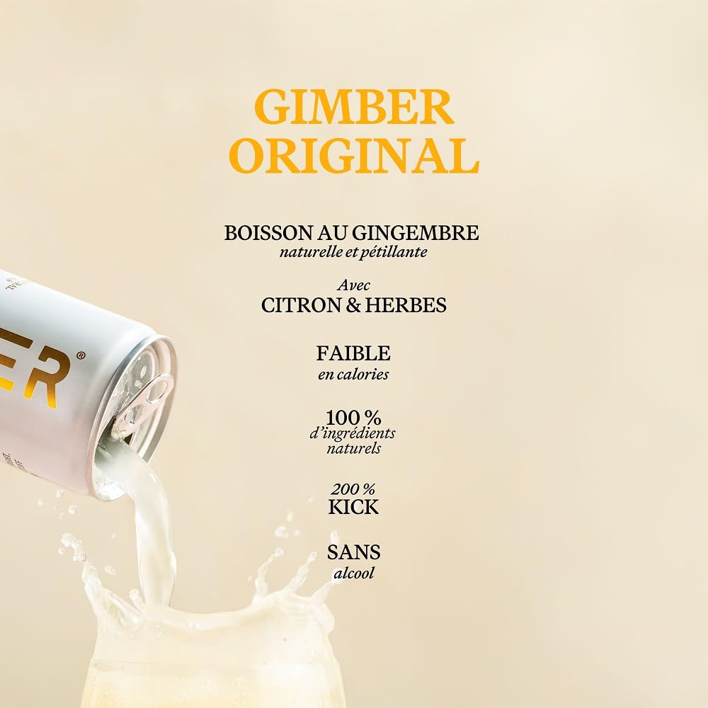 Boisson au gingembre gazeuse GIMBER Original : canettes faible en calories | Lot de 12 | Boisson gazeuse au gingembre, citron et herbes. Boisson sans alcool, vegan et 100% naturelle