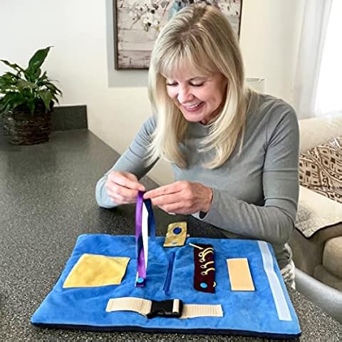 Modaliv - 2-in-1 Alzheimer’s and Dementia Fidget Mat and Muff for Seniors - Sensory Lap Pad with 8 Activities - Rolls Up to Keep Hands Warm - Made to Last with Strong Construction (Blue) Cover
