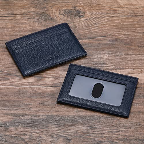 Image of HISCOW Slim Full Grain Leather Card Holder with ID Window, Pebbled Blue | Men's minimalist EDC wallet, front pocket carry, 2 credit card slots & center pocket, fits folded bills, premium gift box