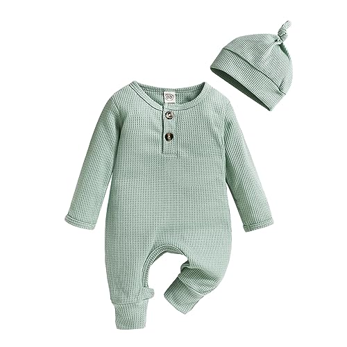 Image of Infant Boys Girls Clothes Set Newborn Baby Romper Hat Ribbed Knit Long Sleeve Button Solid Bodysuit Jumpsuit (Baby Blue, 0-3 Months)