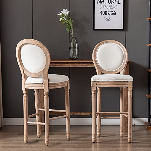 Abet Bar Stools Set Of 2, Seat Height 30-Inch French Country Barstools, Vintage Round Back Bar Height Wooden Chairs With Soft Linen Cushions And Solid Wood Frame, Beige And Natural #TOP1
