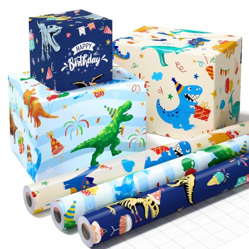 WERNNSAI Dinosaur Happy Birthday Wrapping Paper Boy, 3 Rolls x 10ft Dino