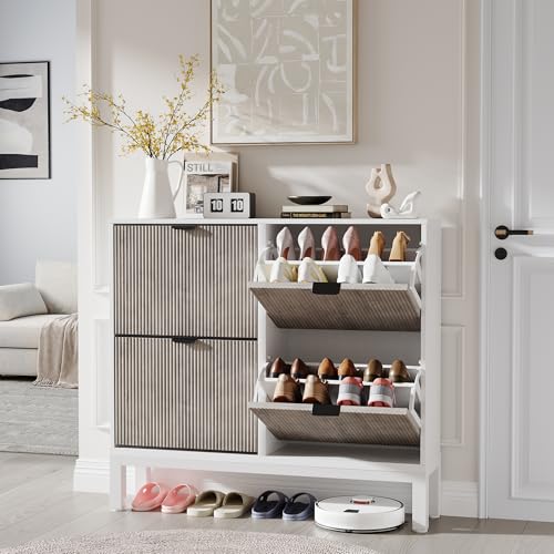 GAOMON Shoe Cabinet with 4 Flip Drawers, Entryway Cabinet with Adjustable Shelves, Accommodate 16 to 20 Pair of Shoes, Space-Saving Slim Shoe Cabinet for Entryway, Hallway, Front Door, White Grey