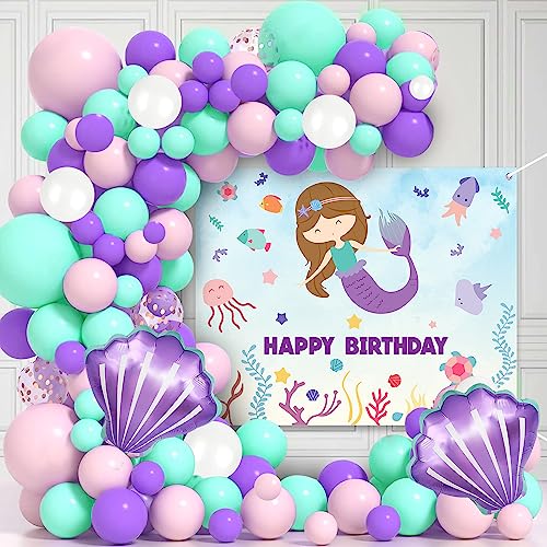 Image of Party Propz Mermaid Theme Birthday Decoration Kit for Girls - 59 Pcs Balloon Decoration Kit, Mermaid Theme Birthday Backdrop, Sea Shell Foil Balloons (Latex, Foil)