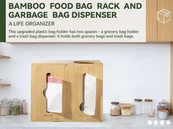 Image of RIVAA Eco-Friendly Bamboo Trash Bag Holder - Complete with Built-in Dispenser, Removable Hinged Lid, and Sleek Design for Space Saving and Convenience!
