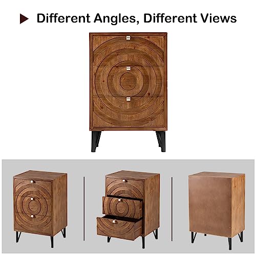 Image of HOMPUS 3 Drawer End Table, Modern Nightstand with Concentric Circles Pattern, Farmhouse Night Stand with 3 Storage Drawers, Wooden Bedside Table, Nightstand w 3 Drawers for Sunroom, Apartment