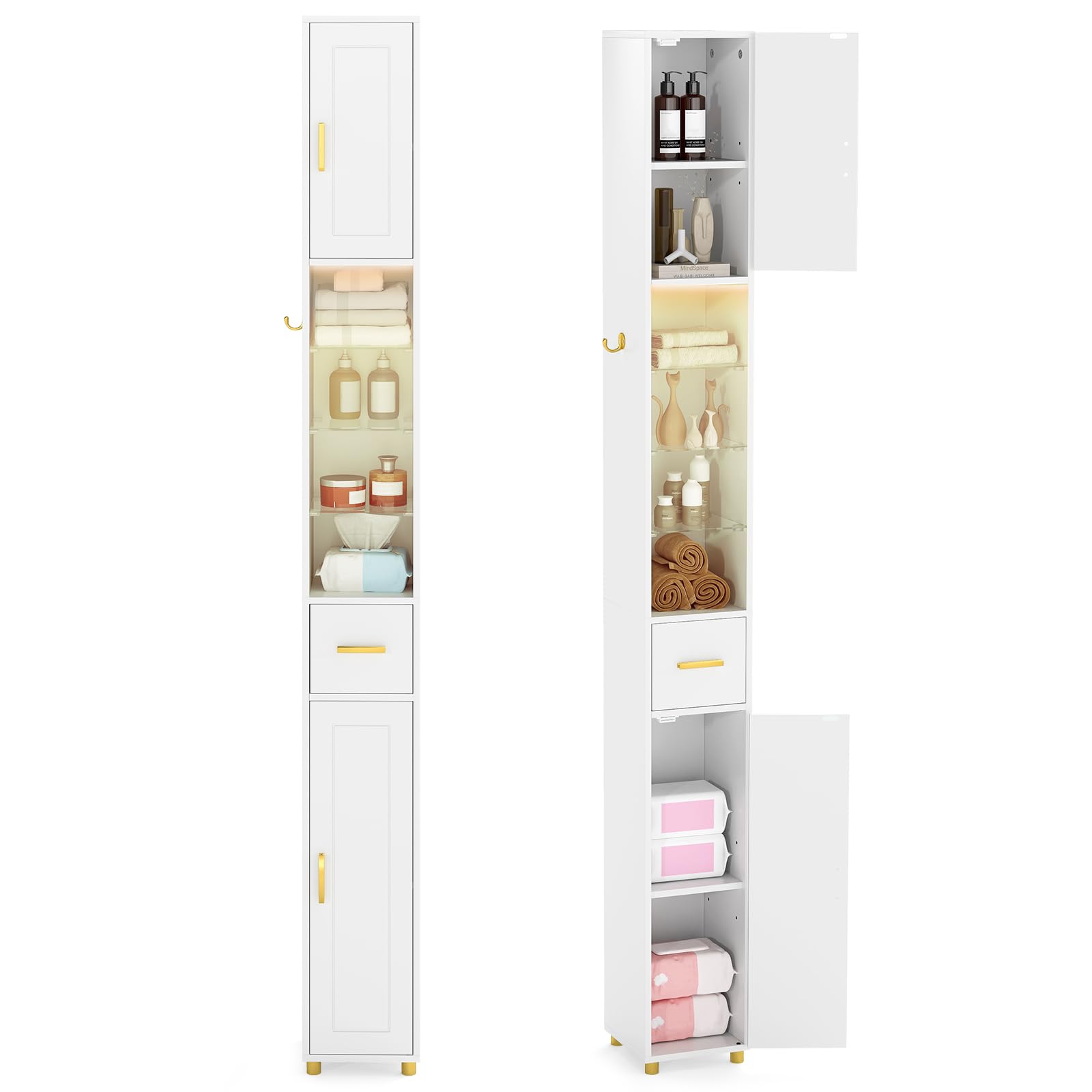 COSTWAY Tall Bathroom Cabinet, 3-Color LED Lights Slim Bathroom Storage Unit with 2 Doors, Drawer and Adjustable Shelves, High Freestanding Narrow Floor Cupboard Organizer, 20x20x180cm (White)
