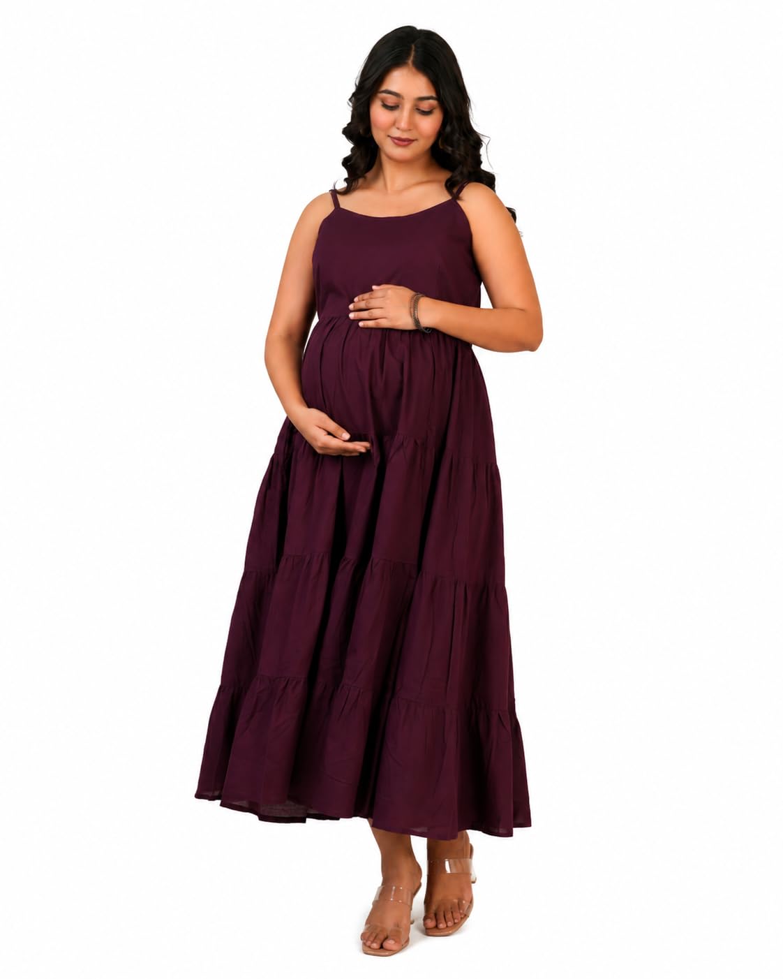 Women Maternity Tiered Maxi Dress | Spaghetti Strap Flowy A-Line Empire Waist Pregnancy Gown | Baby Shower Photoshoot Casual | Purple-image-22