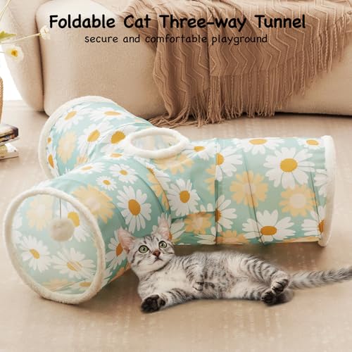 Image of Tempcore Cat Tunnel for Indoor Cats, 3 Way Collapsible Pet Play Tunnel with Teaser Wand, Peek Holes & Hanging Ball, Interactive Tube for Kittens & Rabbits, Daisy Green Printed