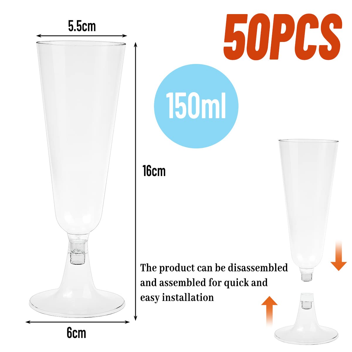 50 Flûtes à Champagne En Plastique Réutilisables + 5 Canons à Confettis - 160 Ml, Sans BPA, Pour Mariage, Anniversaire, Fête - 8