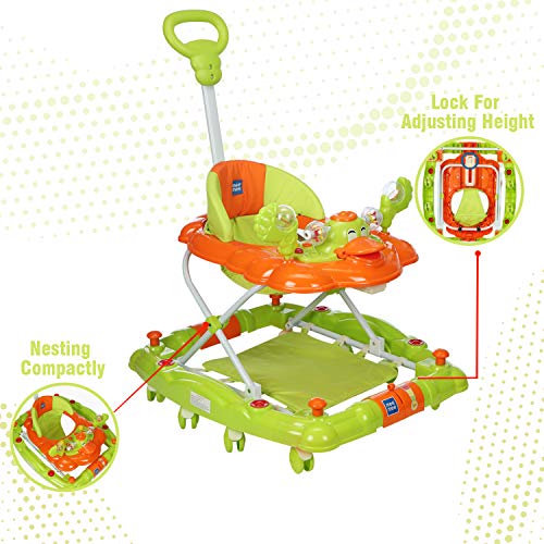 Image of Mee Mee Baby Walker & Rocker - 3 Level Adjustable Height, Foot Mat - Light & Musical Activity Tray - Detachable Cushioned Seat - 360 Rotational Wheels - 6-18 Months - 15kg - (Green)