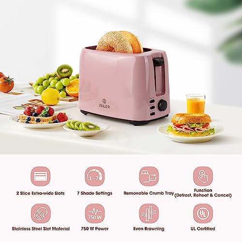 iSiLER-2-Slice-Toaster-13-Inches-Wide-Slot-Bagel-Toaster-with-7-Shade-Settings-and-Double-Side-Baking-Compact-Bread-Toaster-with-Removable-Crumb-Tray-Defrost-Cancel-Function-Pink