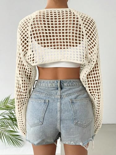 Image of Women's Lightweight Crop Cardigan Crochet Knit Long Sleeve Bolero Shrug Sweater