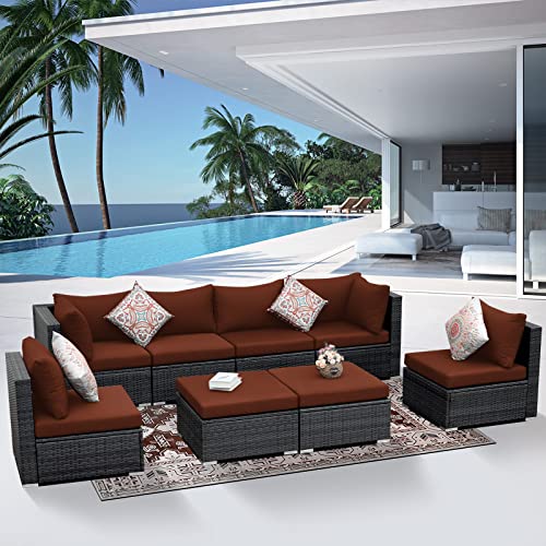 Nicesoul® 8 Pieces Wicker Conversation Set Outdoor Hdpe Modular Sectional With Ottomans High Back Sofa Sectional Exterior Furniture 8 Person Heavy Duty Patio Set Outdoor Patio Red #TOP17