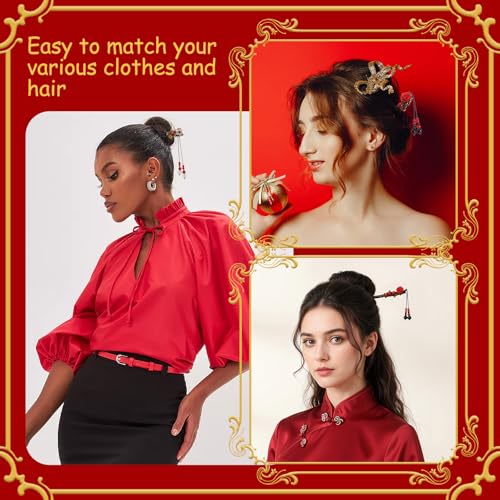 3Pcs Chinese Hair Sticks, Wooden Japanese Hair Chopsticks for Women, Asian Retro Flower Tassel Updo Hairpin Chopsticks, Handmade Classic Geisha Hairs Accessories for Long Hairs (Black Red) - Thumbnail 3
