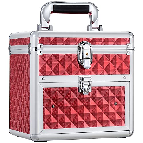 Frenessa Nail Polish Makeup Train Case with Drawer and Dividers Manicure Organizer Accessory Storage Makeup Box With Mirror Lockable Keys Cosmetic Case Jewelry Box - Red