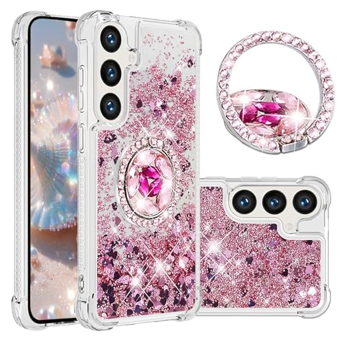 Coque Samsung S25 FE transparente paillettes liquide or rose protection femme avec anneau