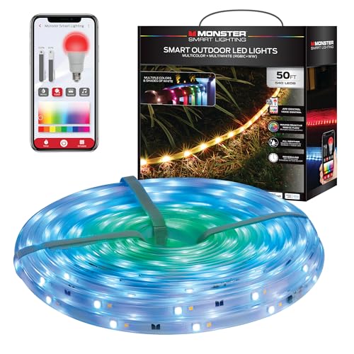 Monster Smart 50 Foot RGB+IC+WW Outdoor LED Light Strip, Sound Reactive, Dimmable, Multicolored & Multi-White, IP44 Waterproof, Weather Resistant, App Control, Compatible with Alexa, Google Home, Siri