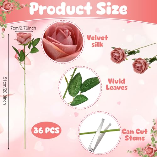 Hoemwarm 36 Pcs Velvet Silk Dusty Pink Rose Bouquet Bridal Artificial Flowers,Fake Rose Long Stem Realistic Flowers Bulk for Wedding Bouquet Ball Arrangement Centerpiece Party Decor by Hoemwarm - Image 2