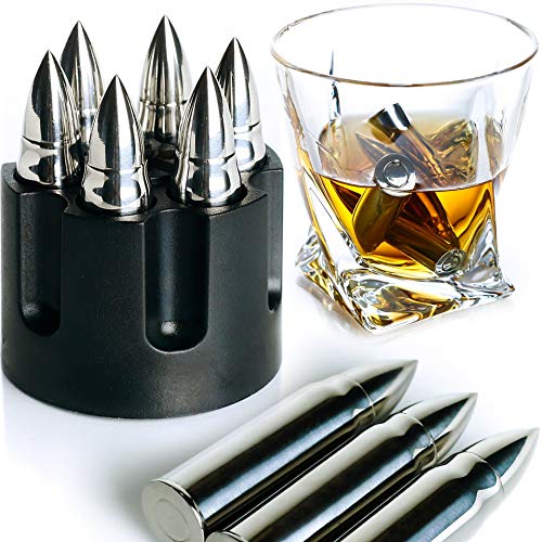 WHISKEY STONES EXTRA LARGE 6 PCS. STAINLESS STEEL SILVER BULLETS with Revolver Barrel