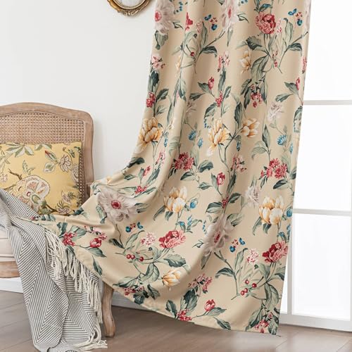 Image of 80% Blackout Curtains for Bedroom, Vintage Floral Window Drapes 72 Inch Length for Living Room, Thermal Insulated Grommet Curtains, 2 Panels