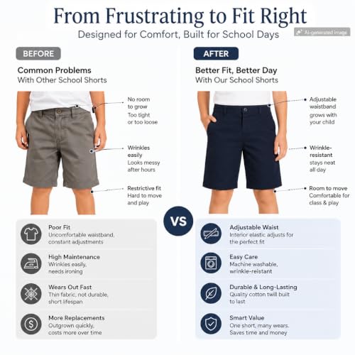 Image of Bienzoe Boys School Uniform Shorts: Flat Front Cotton Bermuda - Adjustable Waist - Breathable for Church Outdoor - Aged 4-13