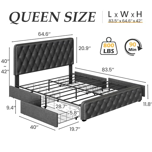 Lifezone Queen Bed Frame with Headboard Upholstered Metal Platform Queen Bed Frame with 4 Storage Drawers, Linen Adjustable Headboard/All-Metal Support/No Box Spring Needed/Easy Assembly, Dark Grey - Thumbnail 2