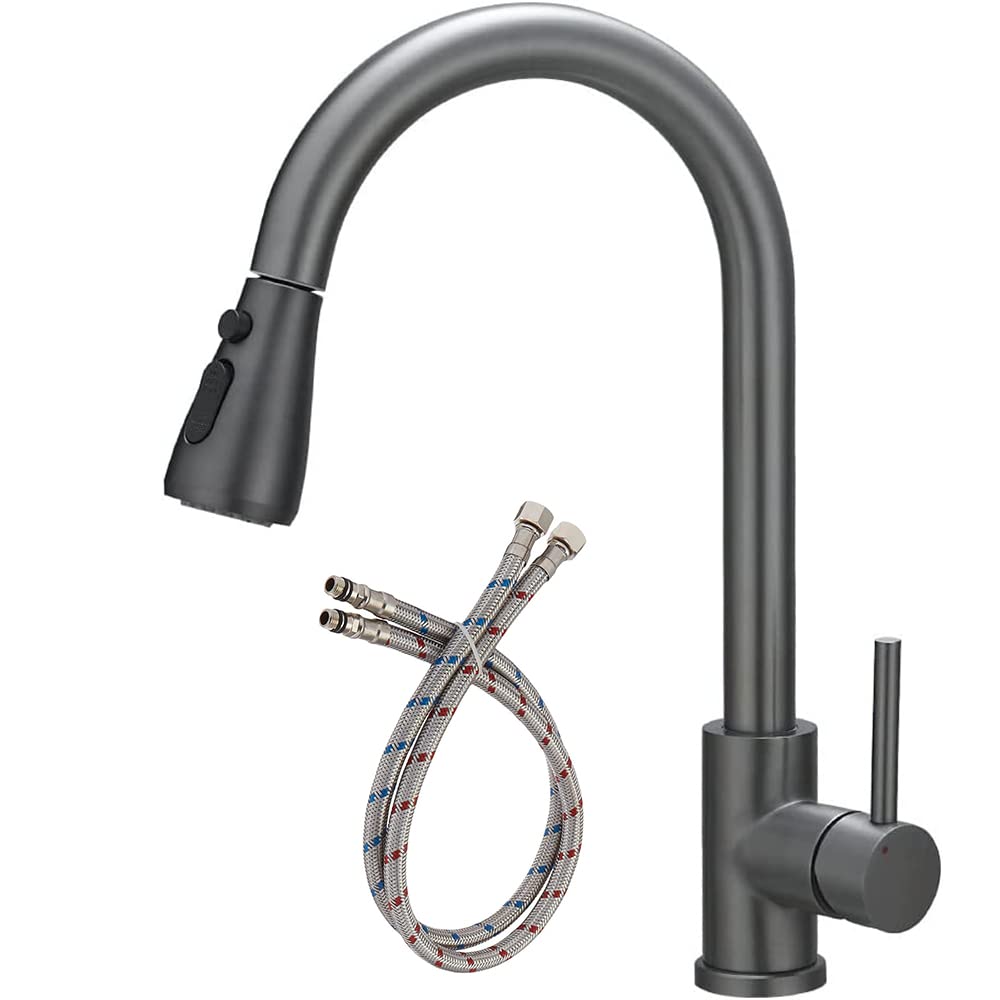 ZQFHSX Kitchen Sink Mixer Tap with Pull Down Sprayer Grey, Single Handle High Arc Out Taps, Level Stainless Steel Faucet UK Standard Fittings