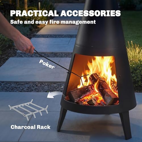 Outsunny Wood Burning Firepit with Chimney, Outdoor Fire Pit with Poker, Mesh Screen, Outdoor Fireplace for Patio Garden, Black - 5