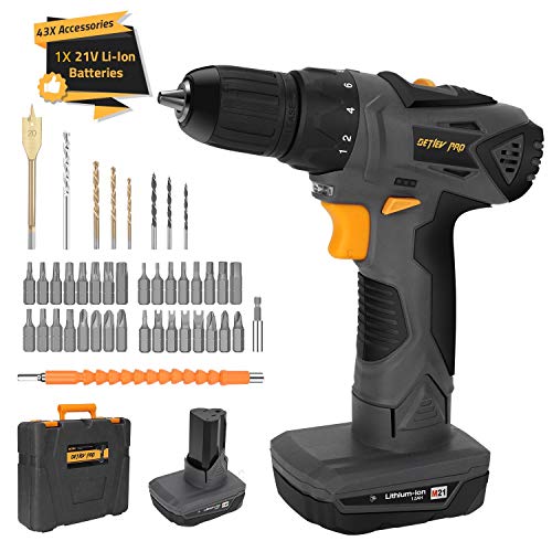 DETLEV PRO Cordless Drill Driver 21V Electric Screwdriver 2 Speed Max Torque 372In-lbs 43pcs Accessories 1.5Ah Lithium Ion with LED, 8104