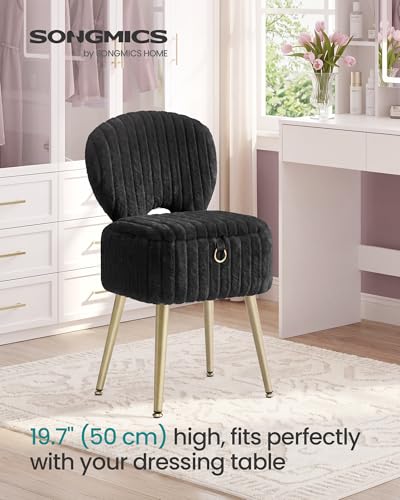 Image of SONGMICS Small Vanity Chair with Storage and Folding Back, Vanity Stool, Footrest Footstool Ottoman, Dressing Table Stool, Furry Padded Seat, for Makeup Room, Bedroom, Ink Black ULOM532BH01