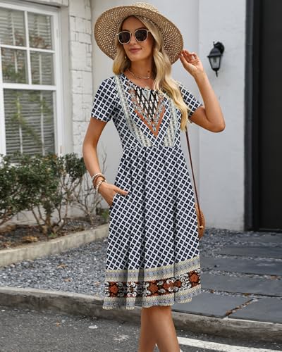 Image of COSSEN Women's 2026 Summer Midi Dress Crew Neck Short Sleeve Casual Tshirt Flowy Loose Sundress with Pockets