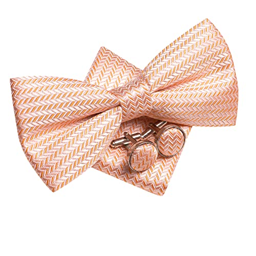 Image of Hi-Tie Coral Orange Bow Ties for Men Party Formal Jacquard Pre-Tied Bowtie with Pocket Square Cufflinks Set, Coral Orange B