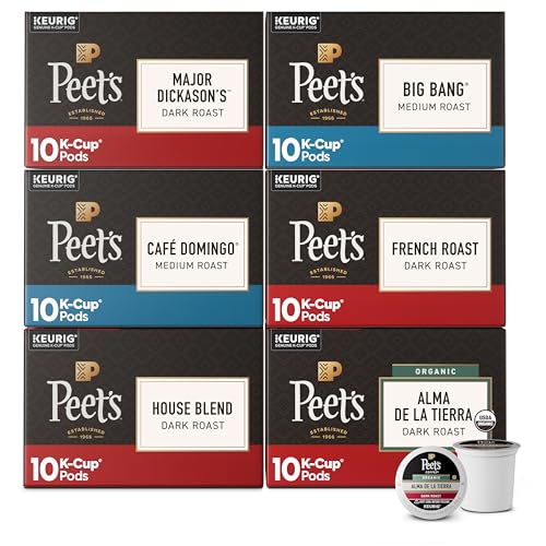 Image of Peet's Coffee, Keurig K-Cup Pods Variety Pack, 100% Arabica Coffee - Major Dickason's Blend, Big Bang, French Roast, Cafe Domingo, Organic Alma De La Tierra, House Blend, 60 CT (6 Boxes of 10 Pods)
