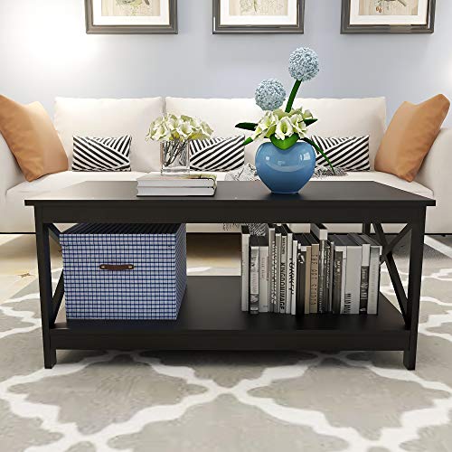 Locsear Black Coffee Table For Living Room With Storage Simple Center Table With 1 Shelf And X Shape Design, Rectangular #TOP4