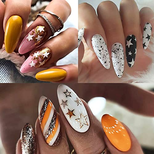 12 Sheet Black White Stars 3D Nail Art Stickers Heart Love Letter Image Transfer Stickers For Nail Self-Adhensive Shiny Silver Gold Slider Decals Manicure Accessories Tips Art Decorations #TOP6