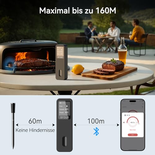 BFOUR BF-30 PRO Fleischthermometer kabelloses, Bluetooth Grillthermometer mit App-Verbindung,LCD-Display,IP67 wasserdicht,Bratenthermometer für BBQ, Backofen, Grill, Küche