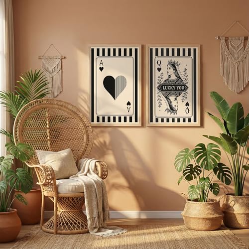 Image of NoWorries Ace & Queen of Hearts Playing Card Wall Art Set of 2, Black and White Casino Decor, Framed Poker Room Wall Decor, Minimalist Playing Card Prints, Modern Game Room Artwork for Living Room (Art-13, 17x25inch)