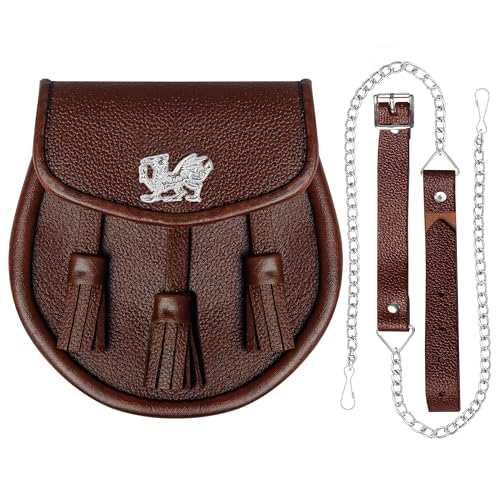 Image of Scottish Original Leather Sporran with Leather Belt & Chain (Brown Leather Celtic Welsh Dragon Sporran)