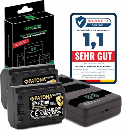 PATONA 2X Protect V1 Akku NP-FZ100 mit Ladegerät PD Performance Kompatibel mit Sony Alpha 6600 6700 A6600 A6700 A1 A9 9 R S II A7 III IV A7R 7 C 7CR 7S 7R A7III R V R3 R4 FX3 FX30 A7C2 A7R3 NPFZ100