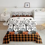 Juego de edredón de plumón de calabaza para niños, juego de edredón a cuadros negro y naranja para niños y niñas, juego de ropa de cama de Halloween para temporada de cosecha, juego de edredón vibran