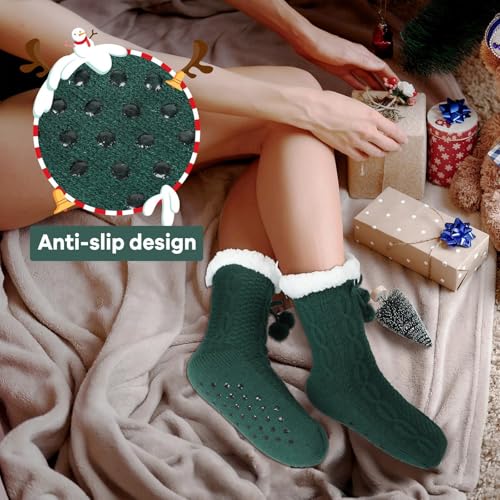 Image of Lonfliness 2 pairs Women Slipper Fuzzy Grips Socks Fluffy Cozy Cabin Warm Winter Soft Thick Comfy Fleece Non Slip Home Socks for Women and Girls Christmas Gifts (Green)