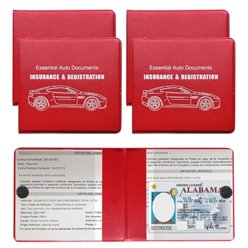 Yourkar 4PCS Car Registration Insurance Holder, Vehicle Glove Box Car Organizer with Magic Tape Closure, Driver License Keeper for Cars, Car Accessories (Big Car, Red